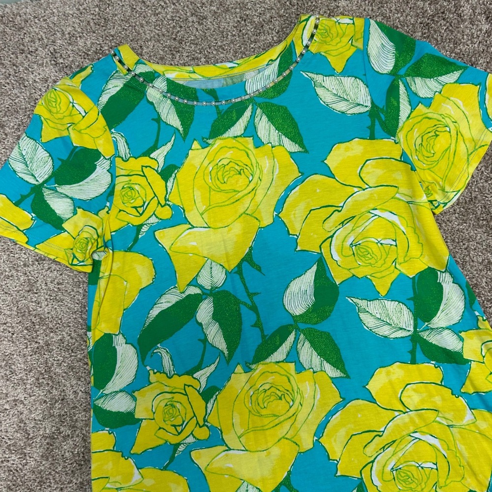 Lilly Pulitzer Cody TShirt Dress Medium Blue Curacao Rose Bud Short Sleeve Pearl